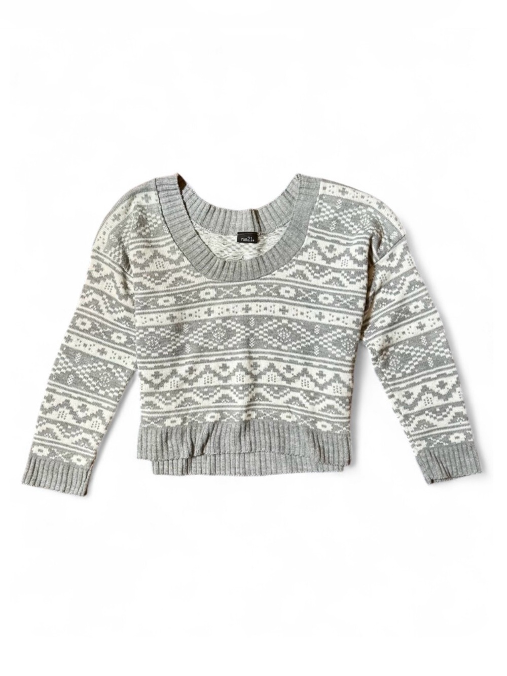 rue21 Gray & White Fair Isle Cropped Crewneck Sweater